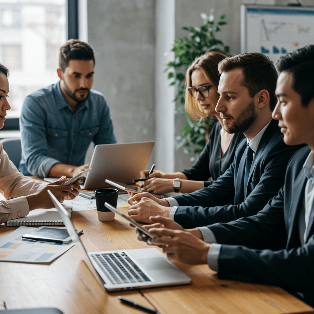 A diverse group of professional technology advisors in a modern startup office, collaborating around a table with laptops and digital devices, symbolizing expert technology leadership and strategic guidance for scalable startup growth