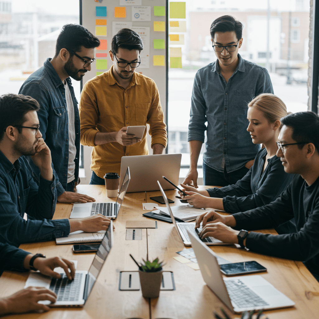 A diverse group of technology professionals collaborating in a modern startup office, symbolizing a CTO advisory board working on technology strategy and innovation.