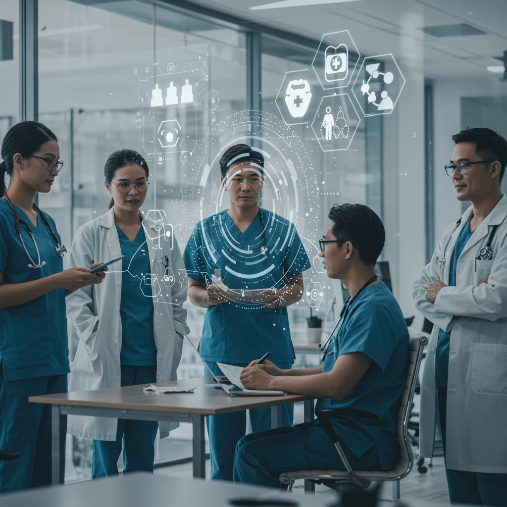 Diverse healthcare professionals and technology leaders collaborating in a modern office with digital healthcare icons and futuristic technology elements in the background.