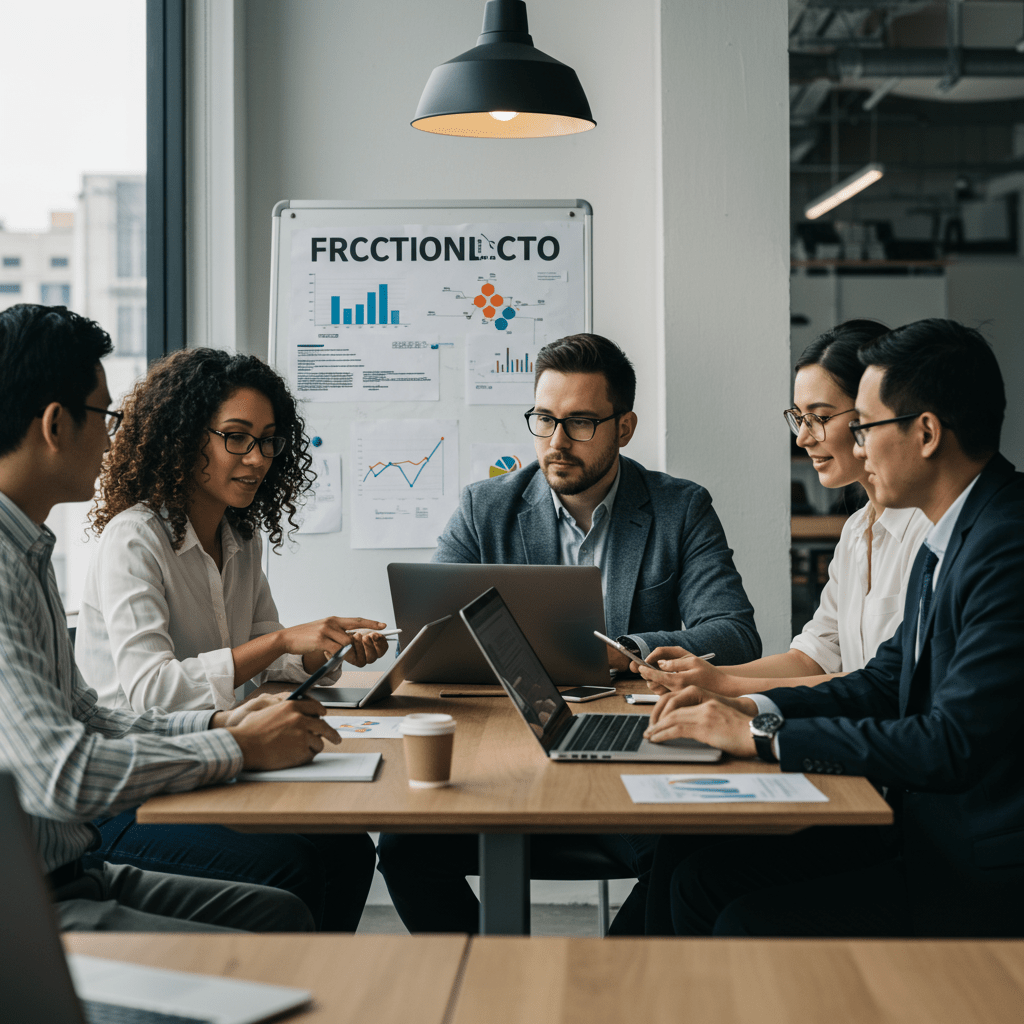 A diverse group of startup founders and a fractional CTO collaborating around a table with laptops and digital devices in a modern business setting, symbolizing technology leadership and startup growth.