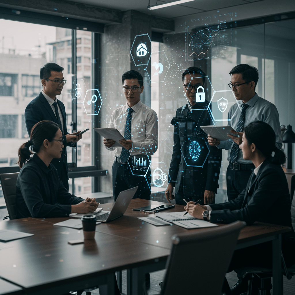Diverse group of CTOs and technology leaders collaborating in a modern office with digital icons representing cybersecurity, AI, and data analytics in the background.
