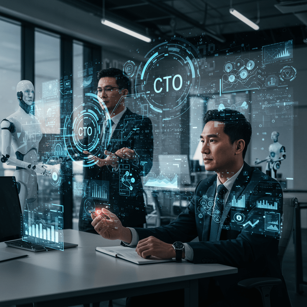 A futuristic and diverse group of technology leaders collaborating with AI elements like digital data streams, holograms, and robotic assistants in a modern office environment, symbolising AI-driven CTO leadership and innovation