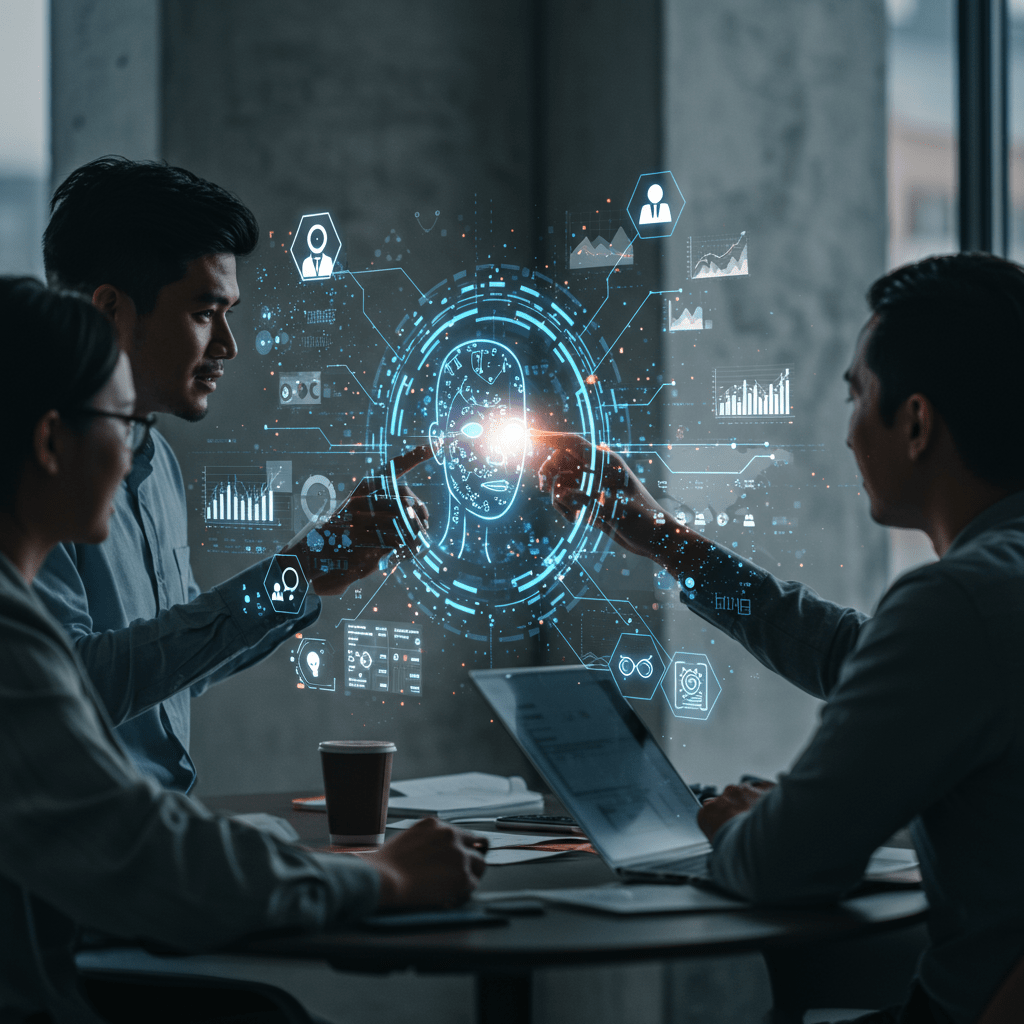 A futuristic and professional scene showing a diverse group of startup professionals collaborating with AI technology, featuring a digital AI agent hologram interacting with a fractional CTO figure surrounded by technology icons and data analytics visuals.