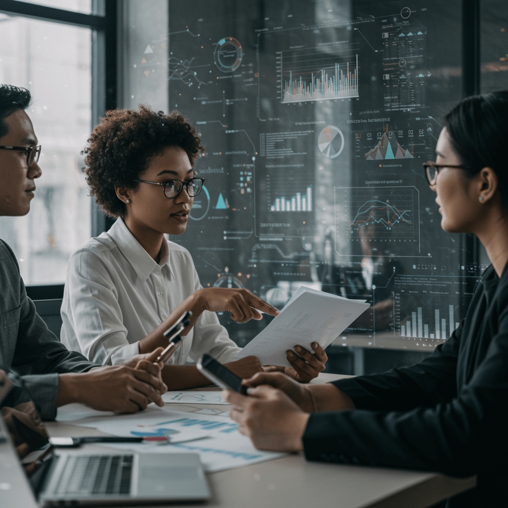 Diverse technology leaders collaborating in a modern office environment discussing strategy with digital devices and charts in the background, representing technology leadership for startups and growing businesses