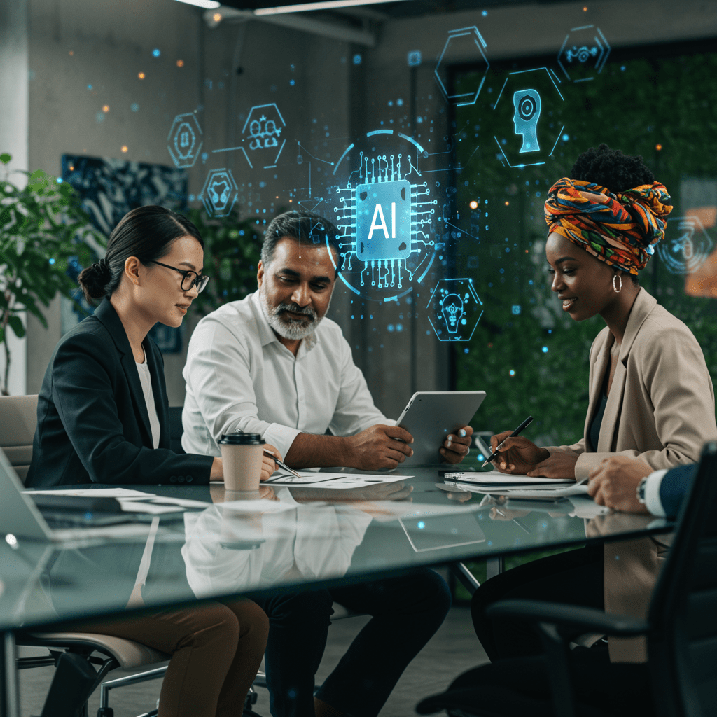 A diverse group of professionals collaborating in a modern office setting with digital AI and technology icons floating around, symbolizing ethical AI leadership and innovation in startups