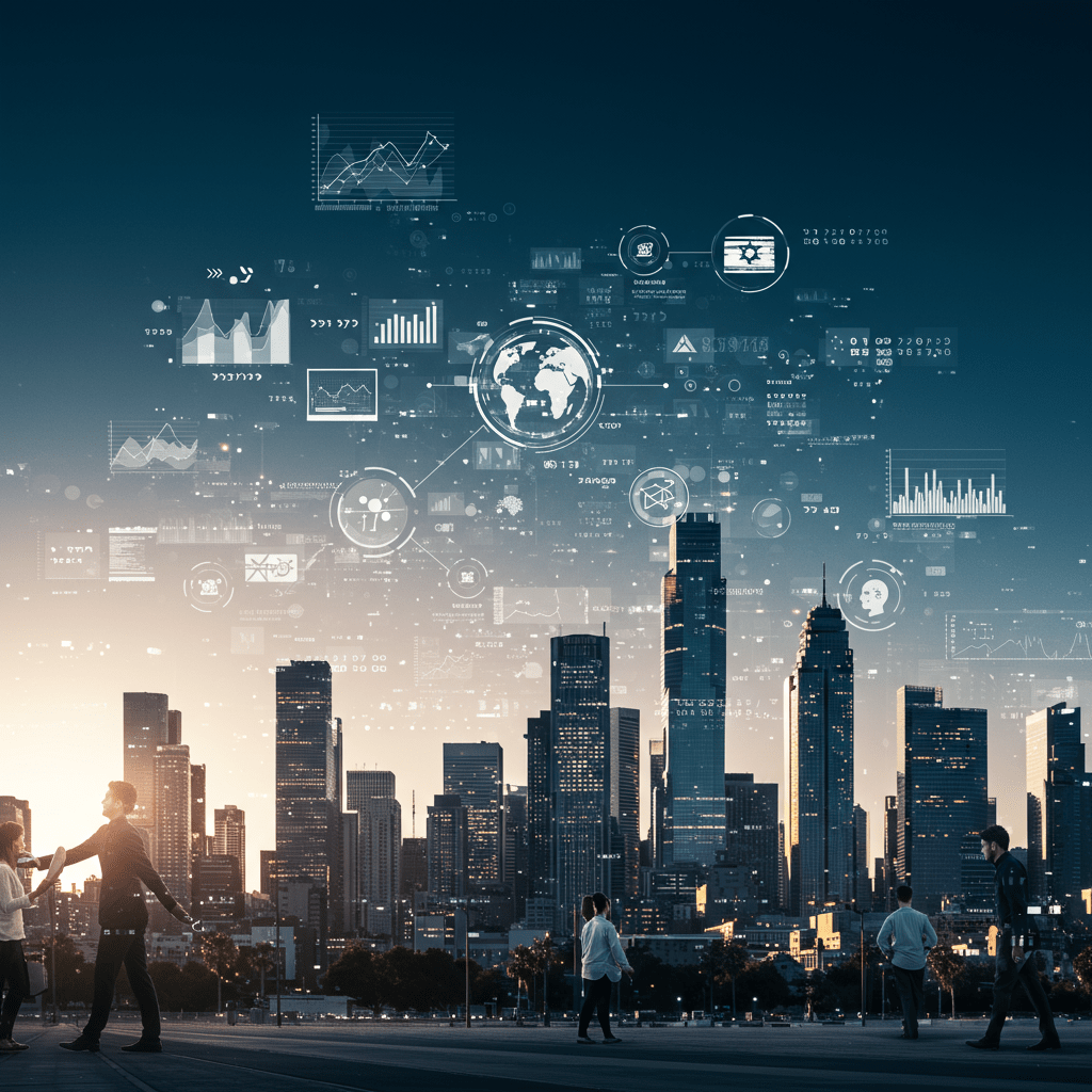 A dynamic modern cityscape with diverse professionals collaborating and digital technology elements, symbolizing innovation and the global Israeli startup ecosystem.