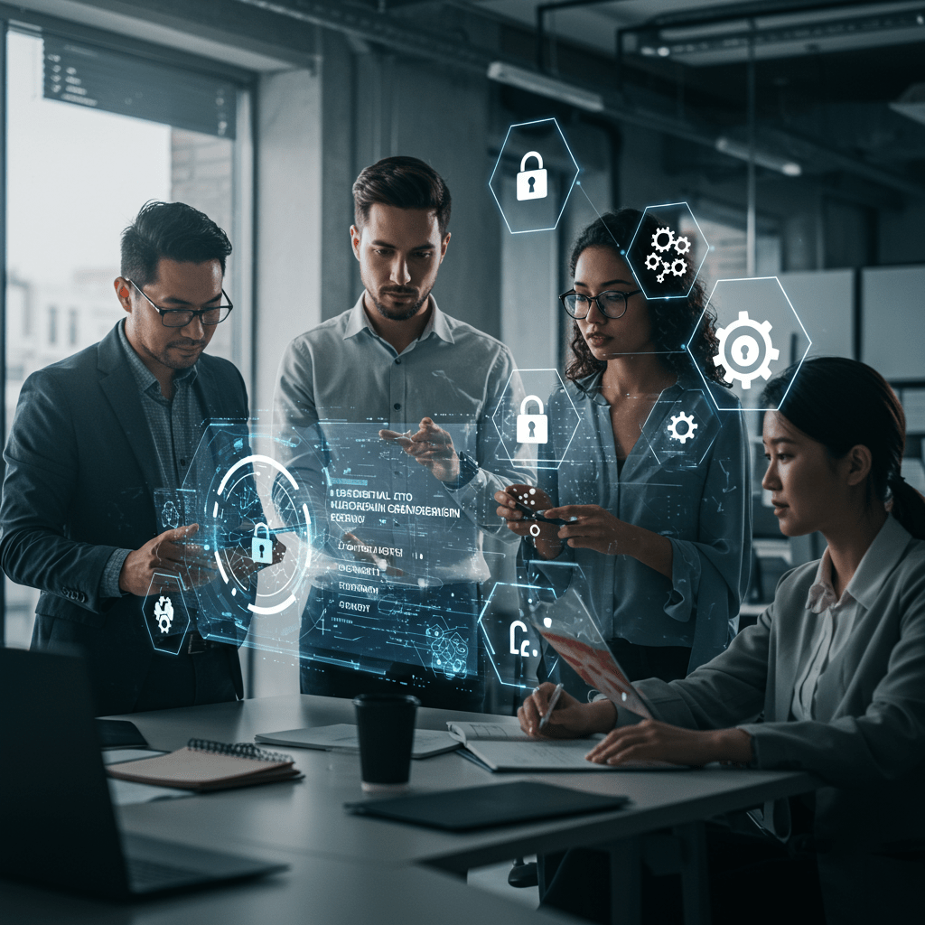 A futuristic digital illustration of a fractional CTO leading blockchain technology integration with diverse professionals analyzing blockchain ledgers and security icons in a modern tech office.