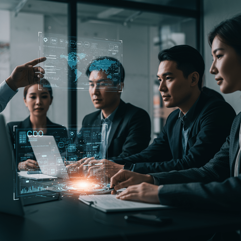 Diverse group of CTOs and software engineers collaborating with futuristic digital interfaces and holographic software architecture models in a modern office environment.