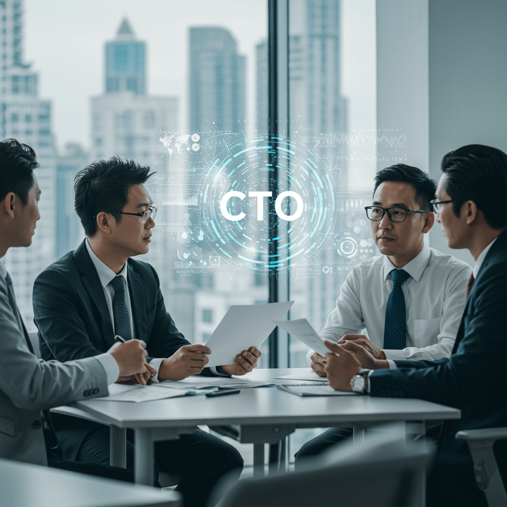 Diverse technology leaders in a modern office discussing strategy with digital technology elements and a futuristic cityscape background representing CTO leadership and innovation