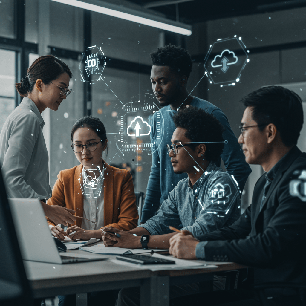 A diverse group of tech leaders collaborating in a modern office environment with digital technology elements symbolizing future-ready technology leadership and teamwork