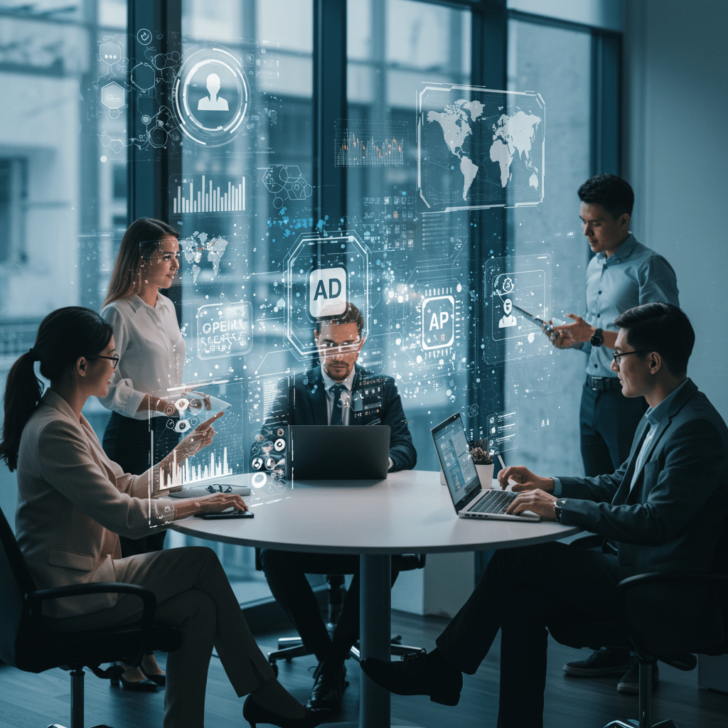 Diverse professionals collaborating with AI technology and digital data interfaces in a modern tech environment representing generative AI developers revolutionizing CTO recruitment