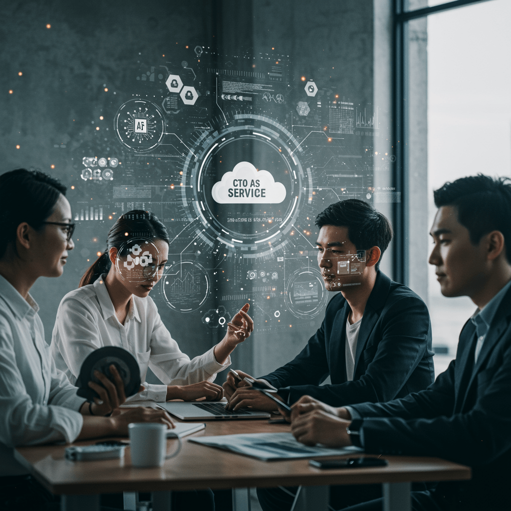 A futuristic technology leadership concept showing a diverse group of professionals collaborating with AI and cloud computing elements in a modern digital workspace, symbolizing CTO as a Service in 2025 with innovation and strategic technology management