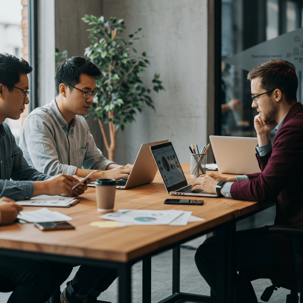 Diverse professionals collaborating in a modern startup office with laptops and digital devices, symbolizing technology leadership and innovation.