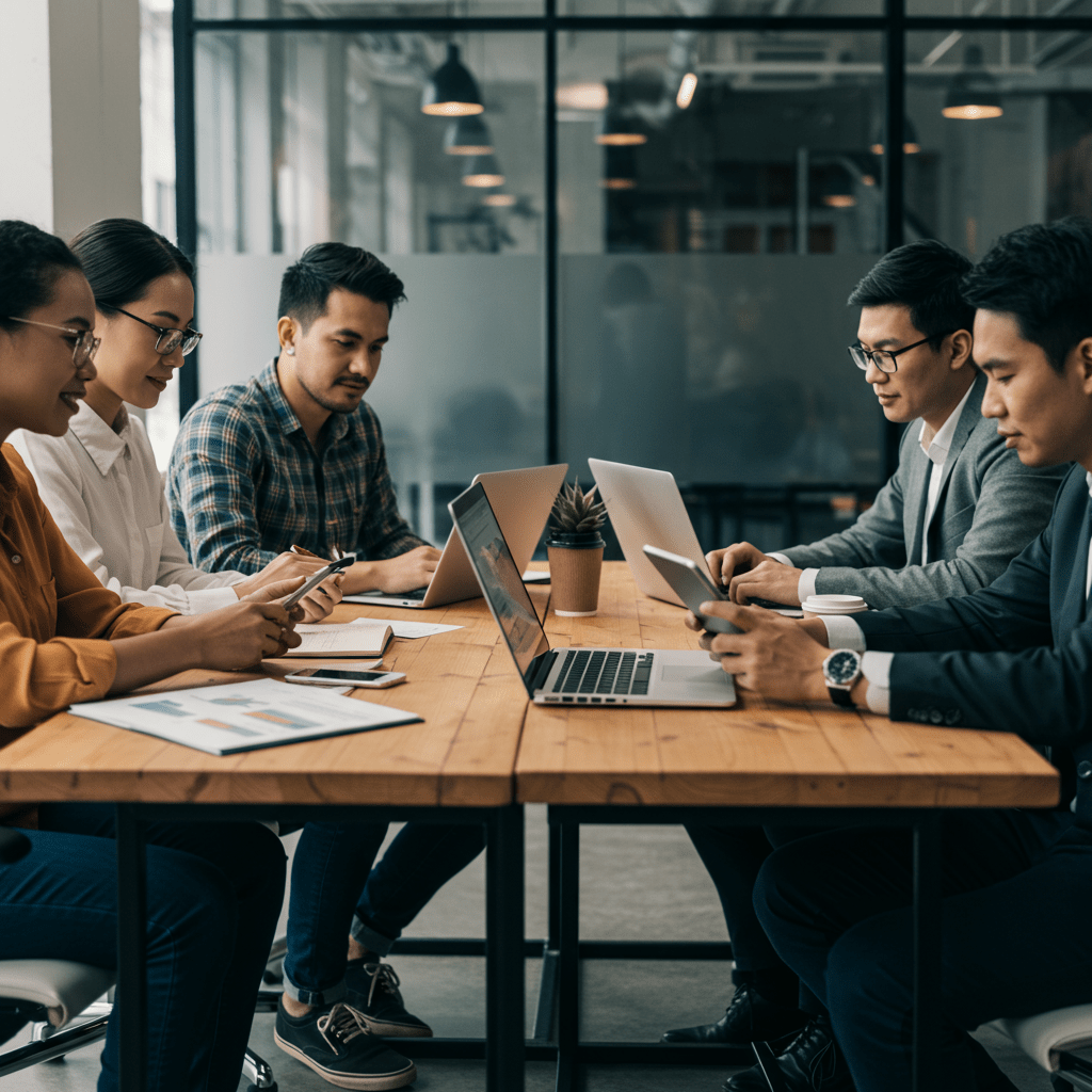 Diverse startup team collaborating in a modern office with laptops and digital devices, symbolizing technology leadership and strategic planning.