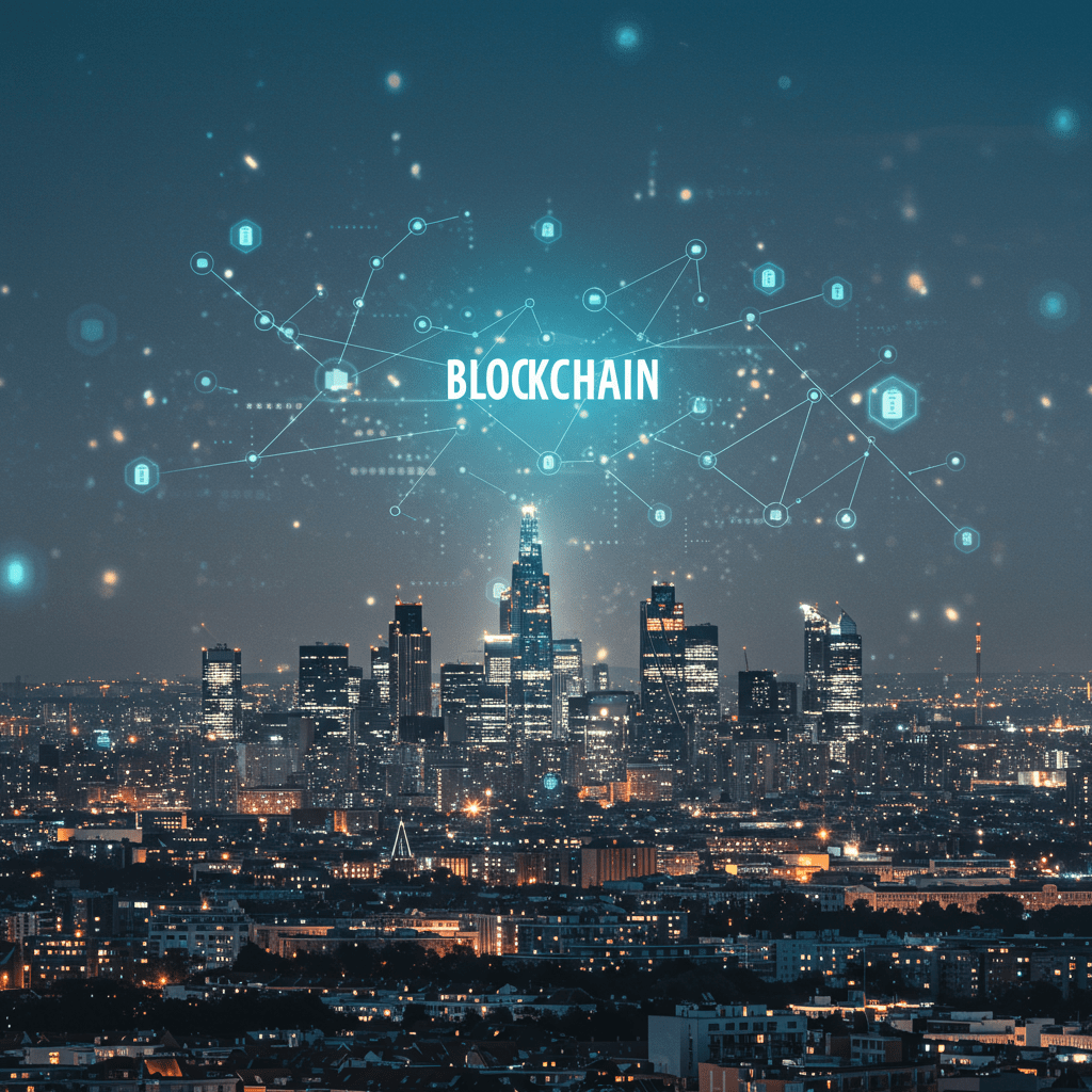 Futuristic digital cityscape with glowing blockchain nodes and connections symbolizing technology leadership and innovation in the UK blockchain ecosystem