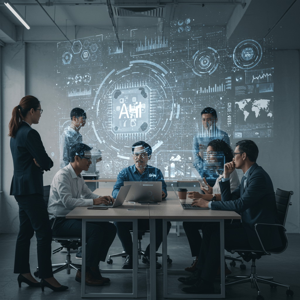 Diverse technology leaders collaborating in a modern office with futuristic AI holograms, symbolizing ethical AI integration and responsible innovation in fractional CTO leadership