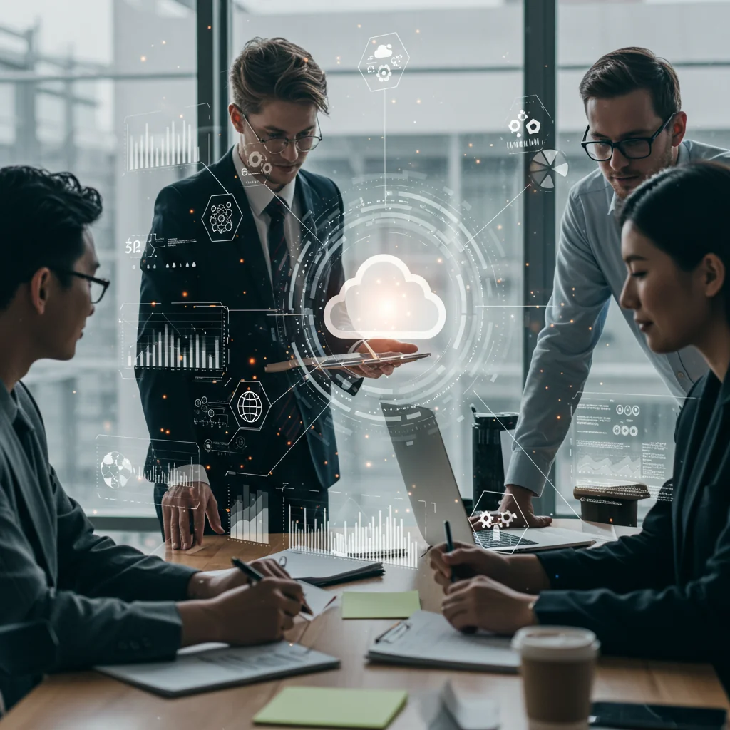 Diverse business professionals collaborating in a modern office with digital technology elements symbolizing SME digital transformation and technology leadership