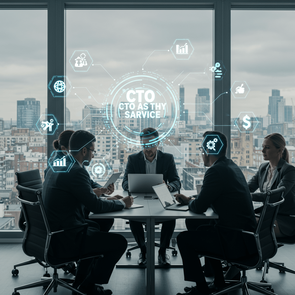 Diverse technology executives in a modern UK office discussing CTO as a Service strategy with digital technology icons and London cityscape in the background