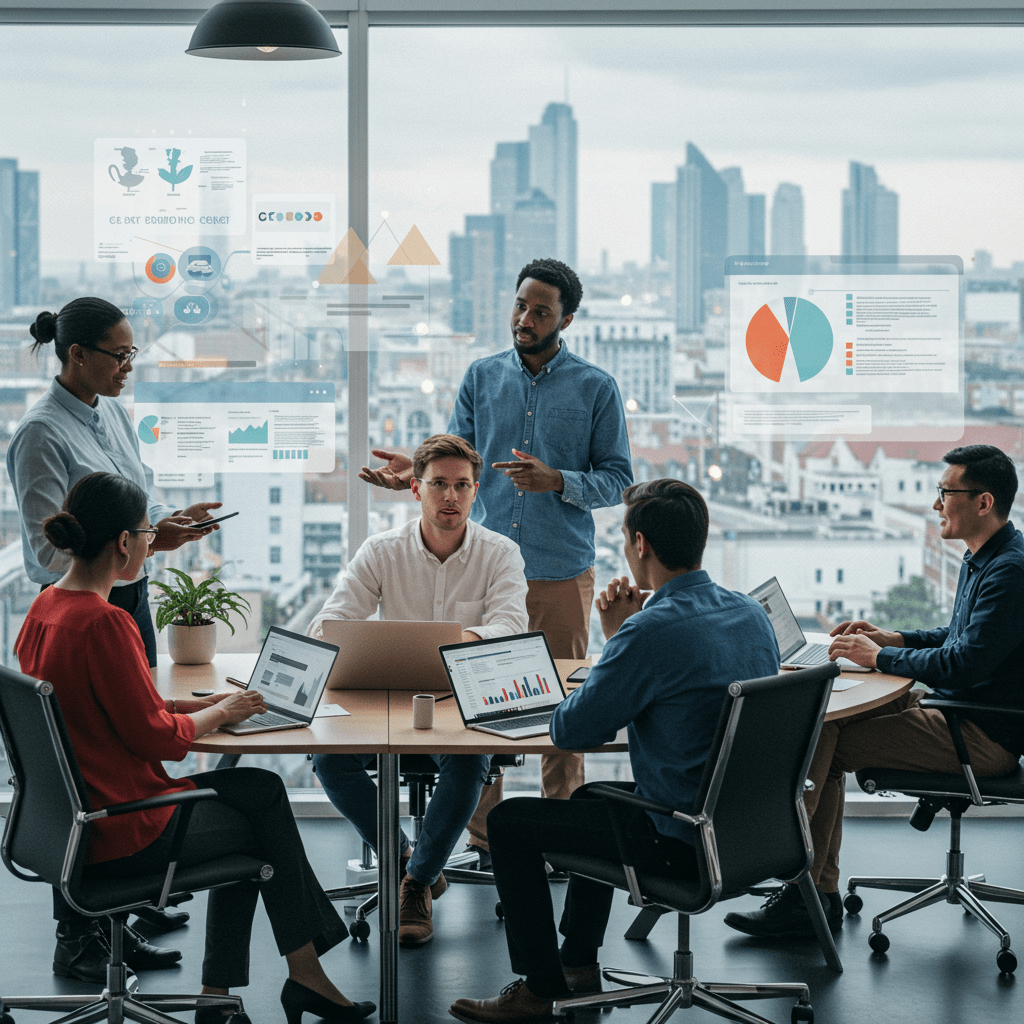 Diverse professionals collaborating in a modern office with technology devices, symbolizing a fractional CTO leading a UK startup's tech team.