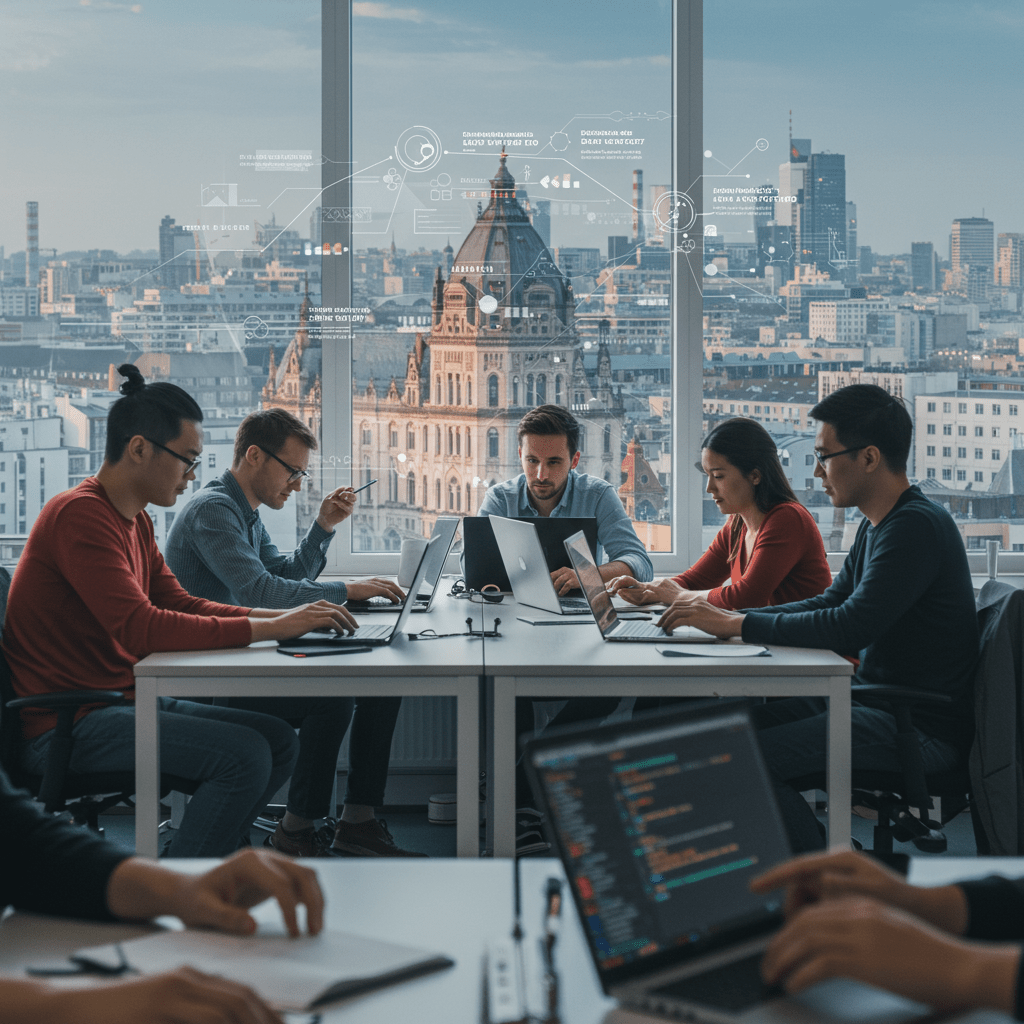 Diverse group of software developers collaborating in a modern office with a European cityscape in the background, representing tech talent across Europe.