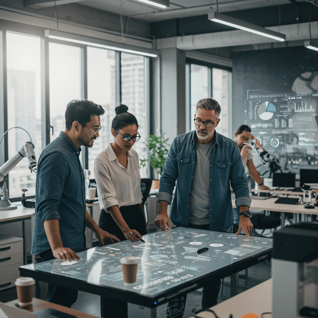 A diverse group of startup technology leaders collaborating in a modern office, surrounded by digital technology elements and innovation symbols, representing technology leadership and growth in startups
