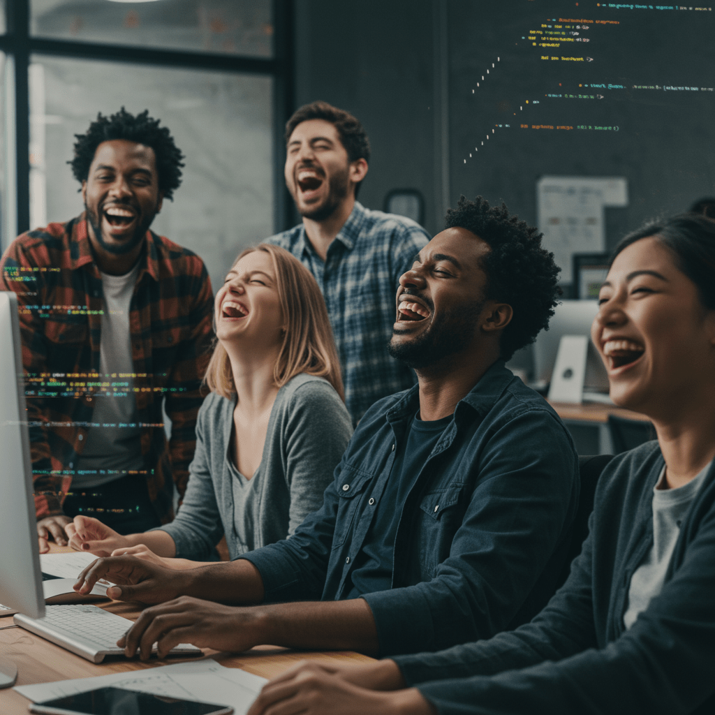 A diverse group of tech leaders and startup founders laughing together in a modern office with computers and software code on screens, representing funny software failures and tech mishaps in a collaborative environment.