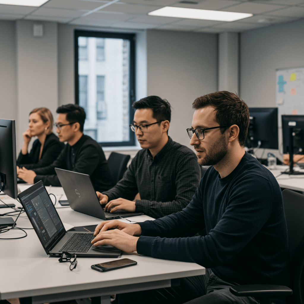 Diverse technology leaders collaborating in a modern office environment, symbolizing innovation and leadership in a UK startup setting