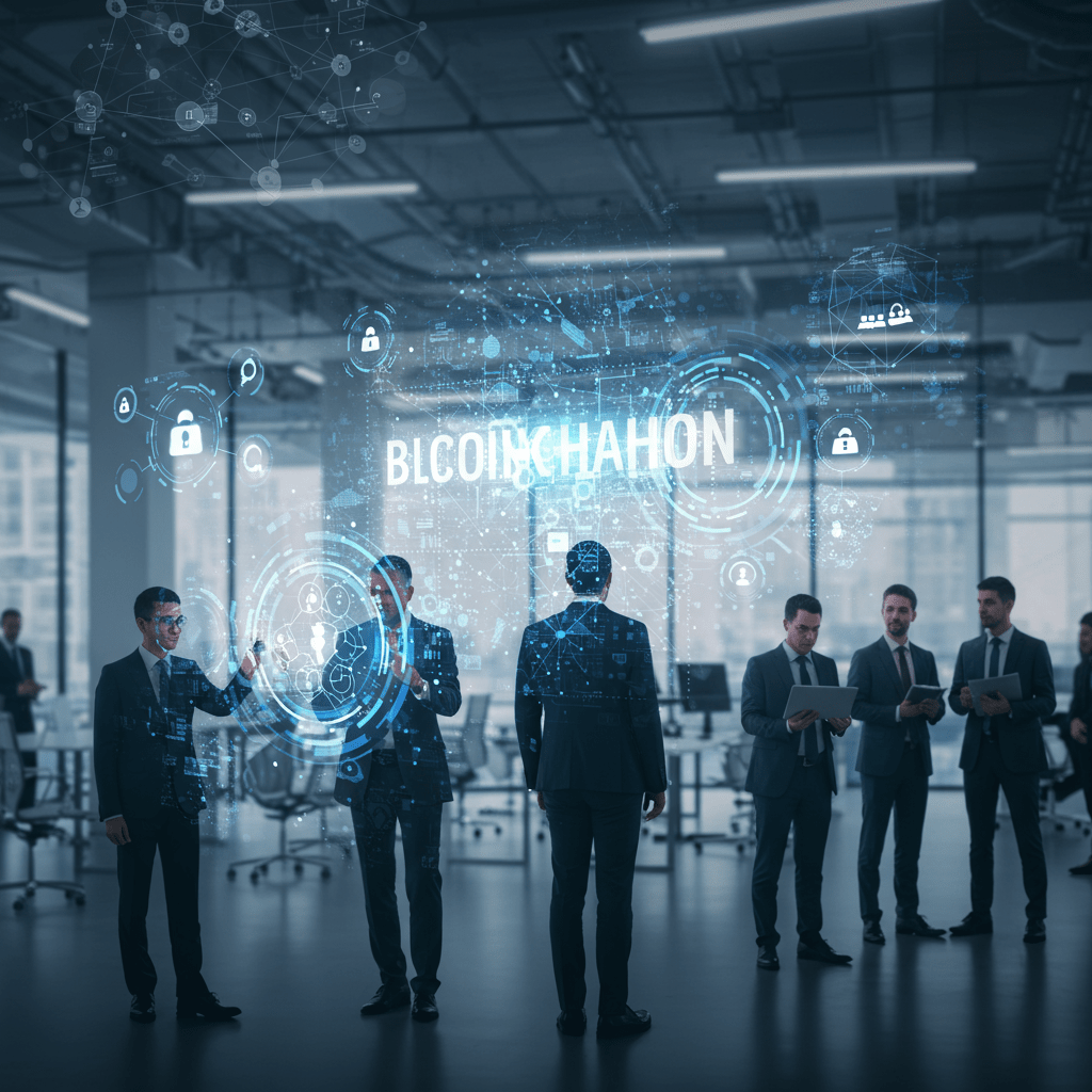 Diverse business professionals and technology leaders interacting with holographic blockchain nodes and digital networks in a modern tech office environment, symbolizing blockchain innovation and fractional CTO services.