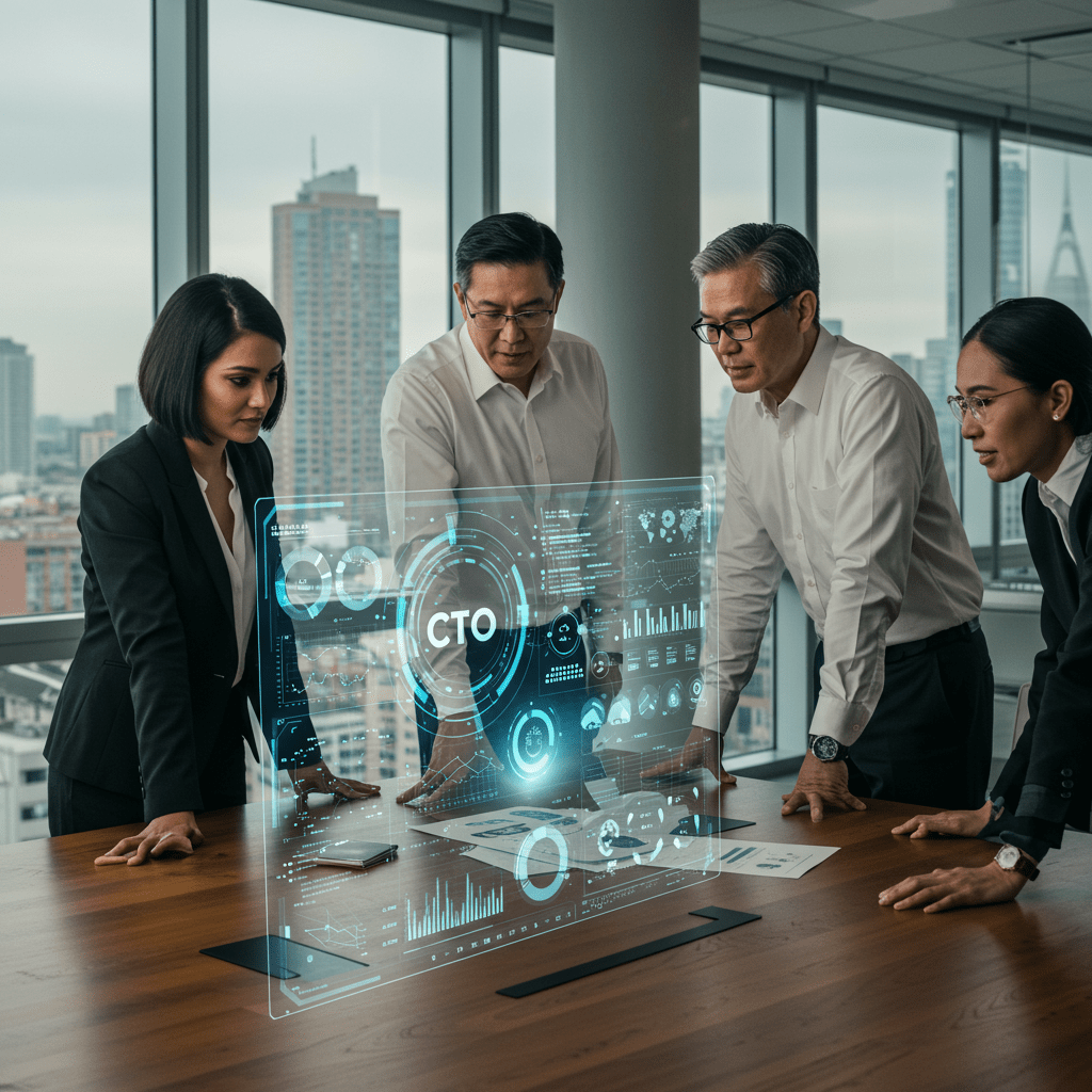 Diverse technology leaders in a modern office discussing strategy with digital technology overlays representing CTO leadership and innovation
