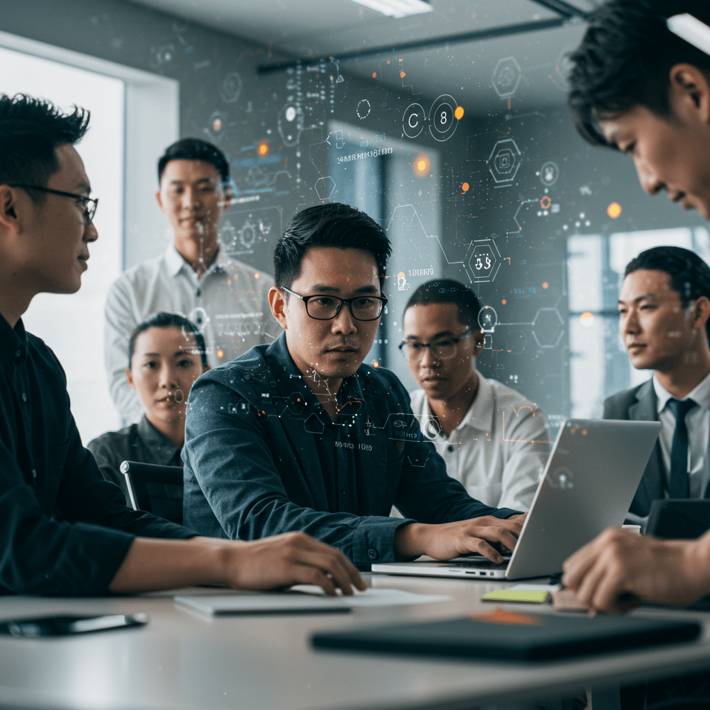 Diverse technology professionals collaborating in a modern office environment symbolizing leadership and scalable tech growth