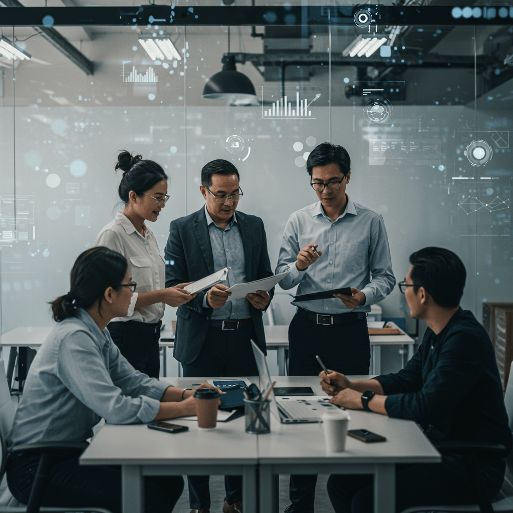 Diverse group of startup founders and technology leaders discussing strategy in a modern office with digital technology elements symbolizing leadership and innovation