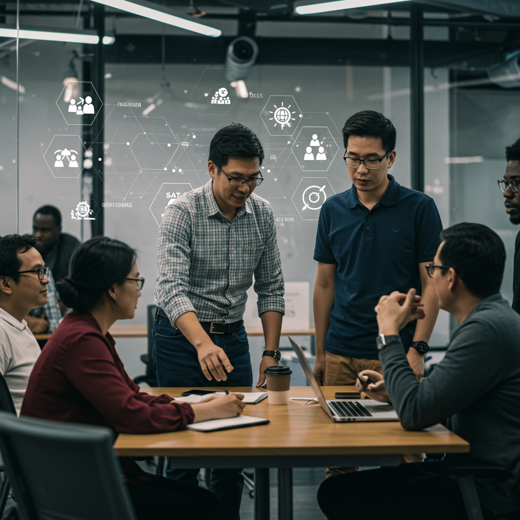 A diverse group of startup technology leaders collaborating in a modern office environment, symbolizing leadership and innovation in the tech startup ecosystem