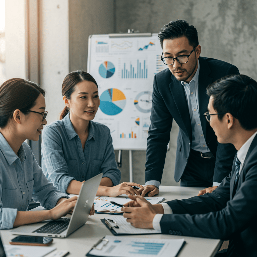A diverse group of startup founders and a fractional CTO collaborating over technology strategy with laptops and digital charts in a professional business setting