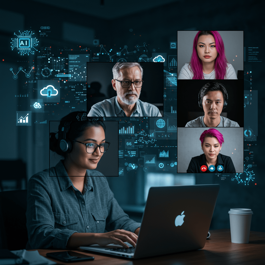 Diverse professionals collaborating remotely via video conference with digital technology icons and startup elements in the background representing remote fractional CTO leadership and startup success