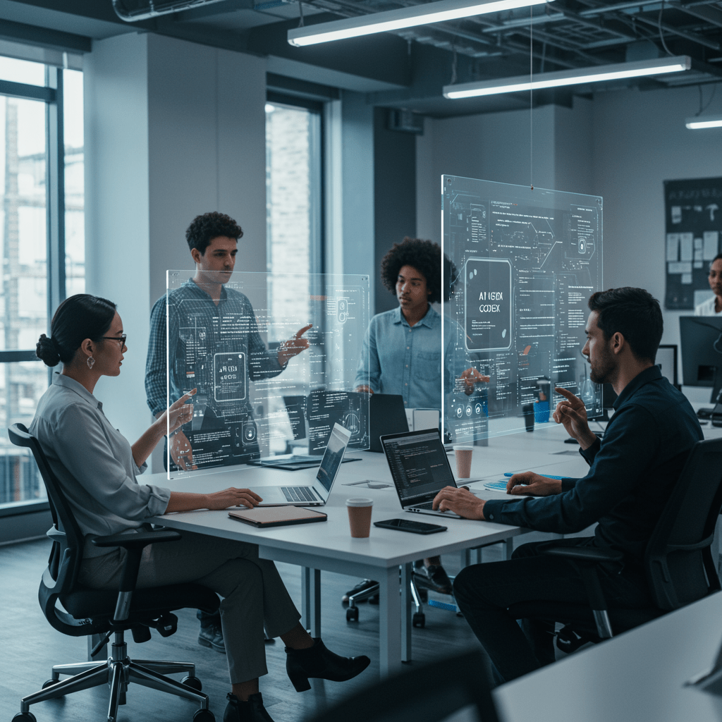 Futuristic office with diverse developers and tech leaders collaborating with AI-powered coding assistants on digital screens, symbolising AI Codex in software development and leadership.