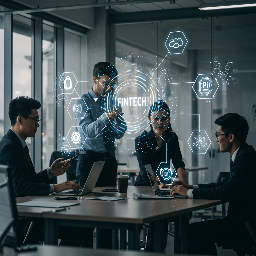 Diverse professionals collaborating with digital fintech technology overlays including AI, blockchain, and microservices in a modern office environment representing innovation and technology leadership in finance