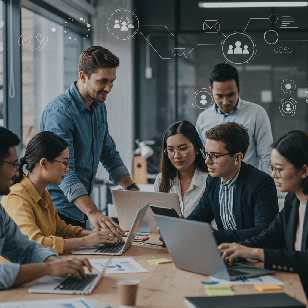 Diverse group of professionals collaborating in a modern office environment with laptops and digital devices, symbolizing building and scaling a tech team under expert leadership