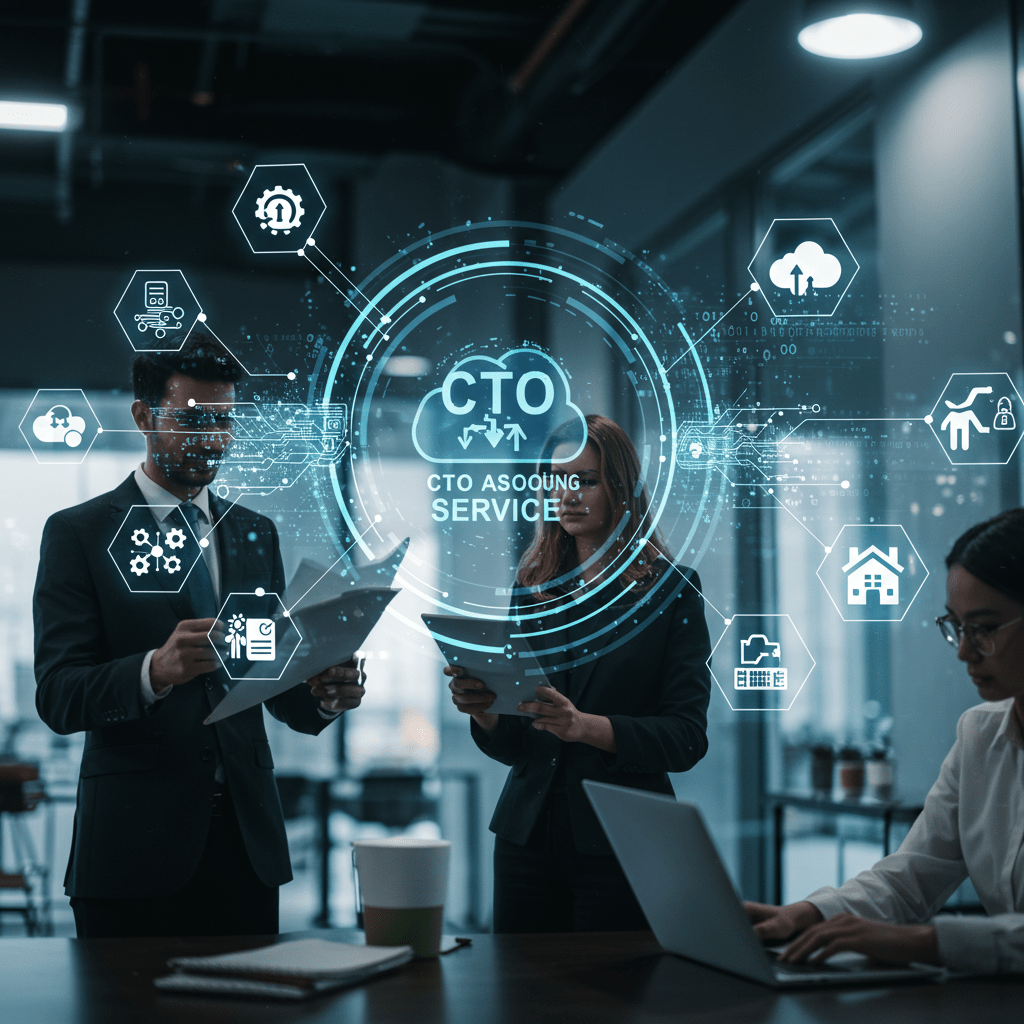 Futuristic technology concept representing CTO as a Service in 2025 with cloud computing, AI, edge computing, and diverse professionals collaborating in a modern tech environment