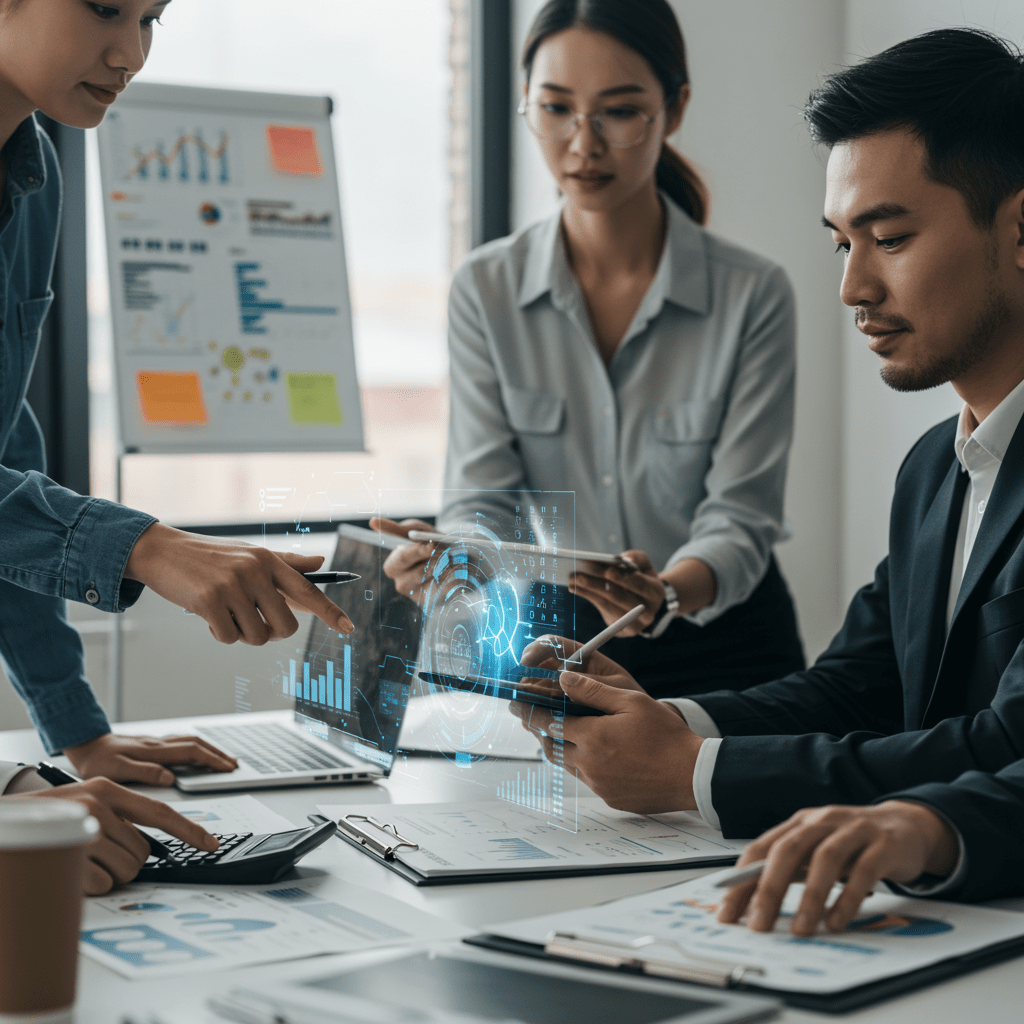 Diverse professionals collaborating in a modern office with digital devices, representing technology leadership and digital transformation for SMEs