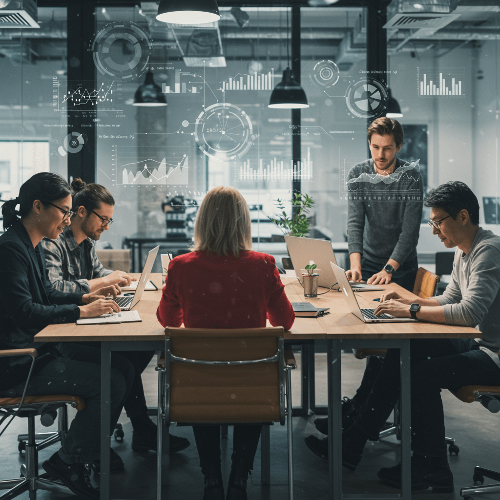 Diverse professionals collaborating in a modern office with laptops and digital devices, symbolizing technology leadership and startup innovation in the UK