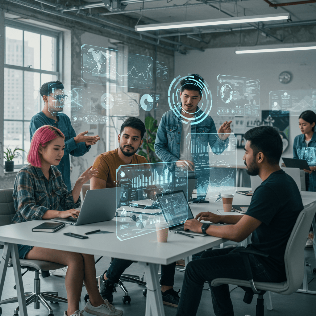 A diverse group of technology professionals collaborating in a modern office environment with digital futuristic elements symbolizing innovation, agility, and leadership in technology culture