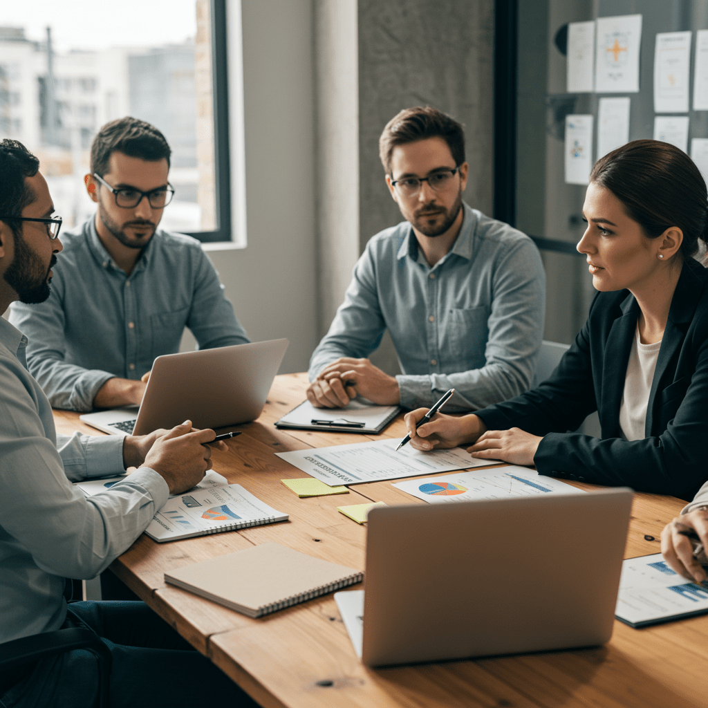 Diverse startup founders and a fractional CTO discussing equity and compensation in a modern office setting with laptops and charts on the table.