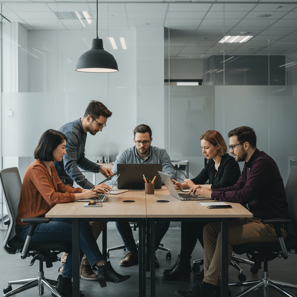 A diverse team of professionals collaborating in a modern office with laptops and digital devices, representing technology leadership, recruitment, and outsourcing integration for business growth.