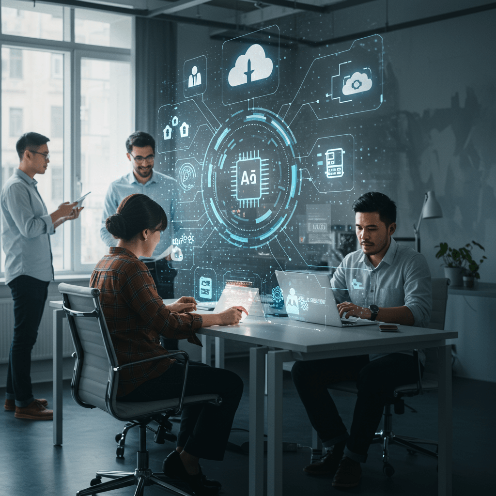 Diverse technology professionals collaborating around a digital interface with futuristic holographic elements representing software development, cloud computing, AI, and agile project management tools in a modern office setting.