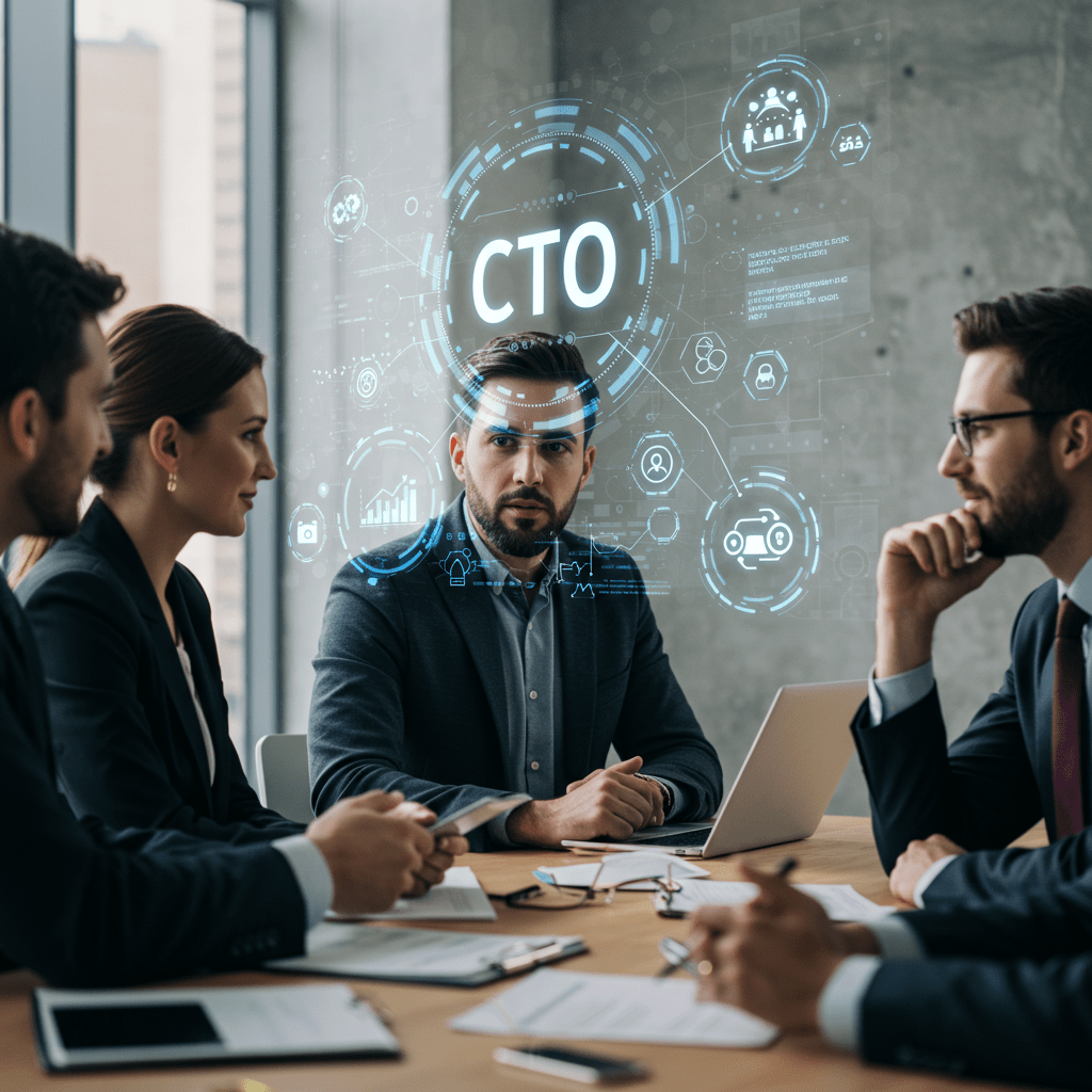 Diverse UK startup and SME leaders collaborating on technology strategy with a futuristic digital interface representing CTO roles and leadership