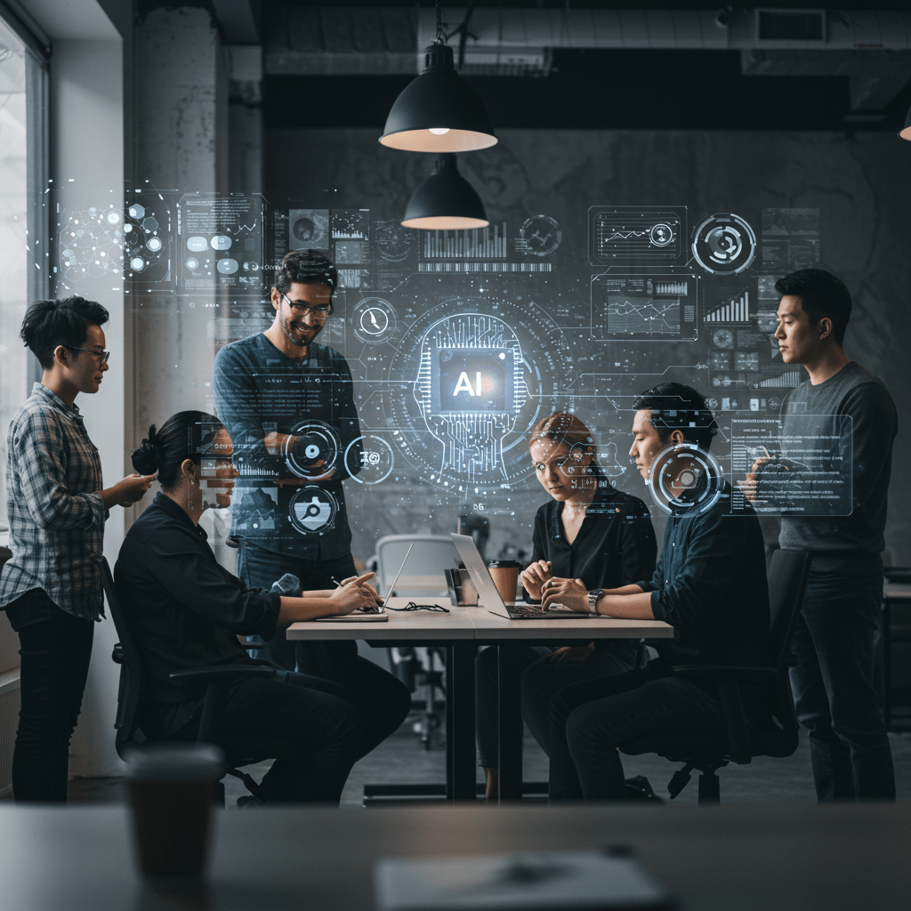 Diverse startup team collaborating with futuristic AI technology elements symbolising AI agents transforming business growth and innovation