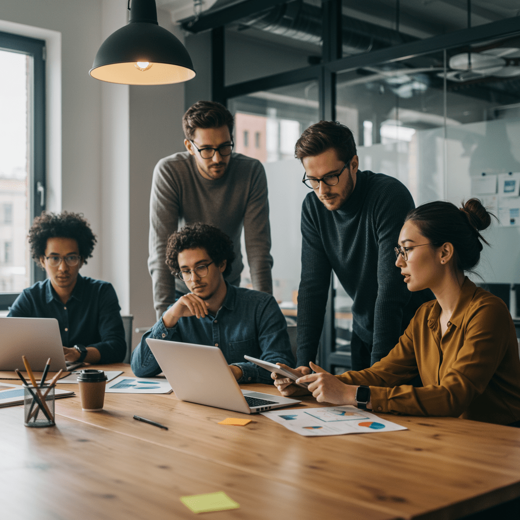 Diverse professionals collaborating in a modern startup office with technology devices, symbolising innovation and strategic leadership in tech startups