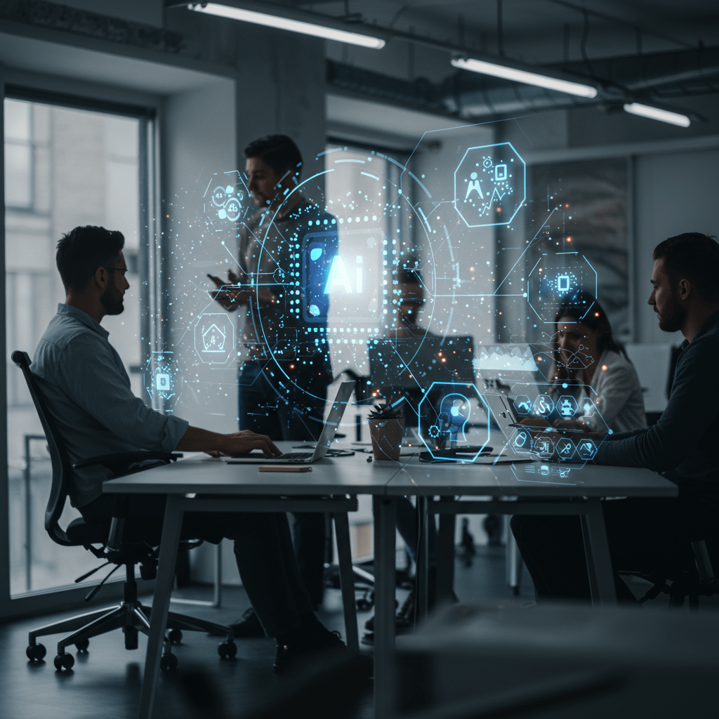 Modern office with diverse professionals collaborating, surrounded by digital AI icons and holograms symbolising business automation and AI integration in a UK startup environment