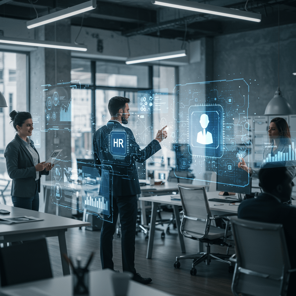 Diverse professionals in a futuristic office using AI technology for HR tasks like recruitment, onboarding, and talent management, symbolising global AI-driven HR transformation