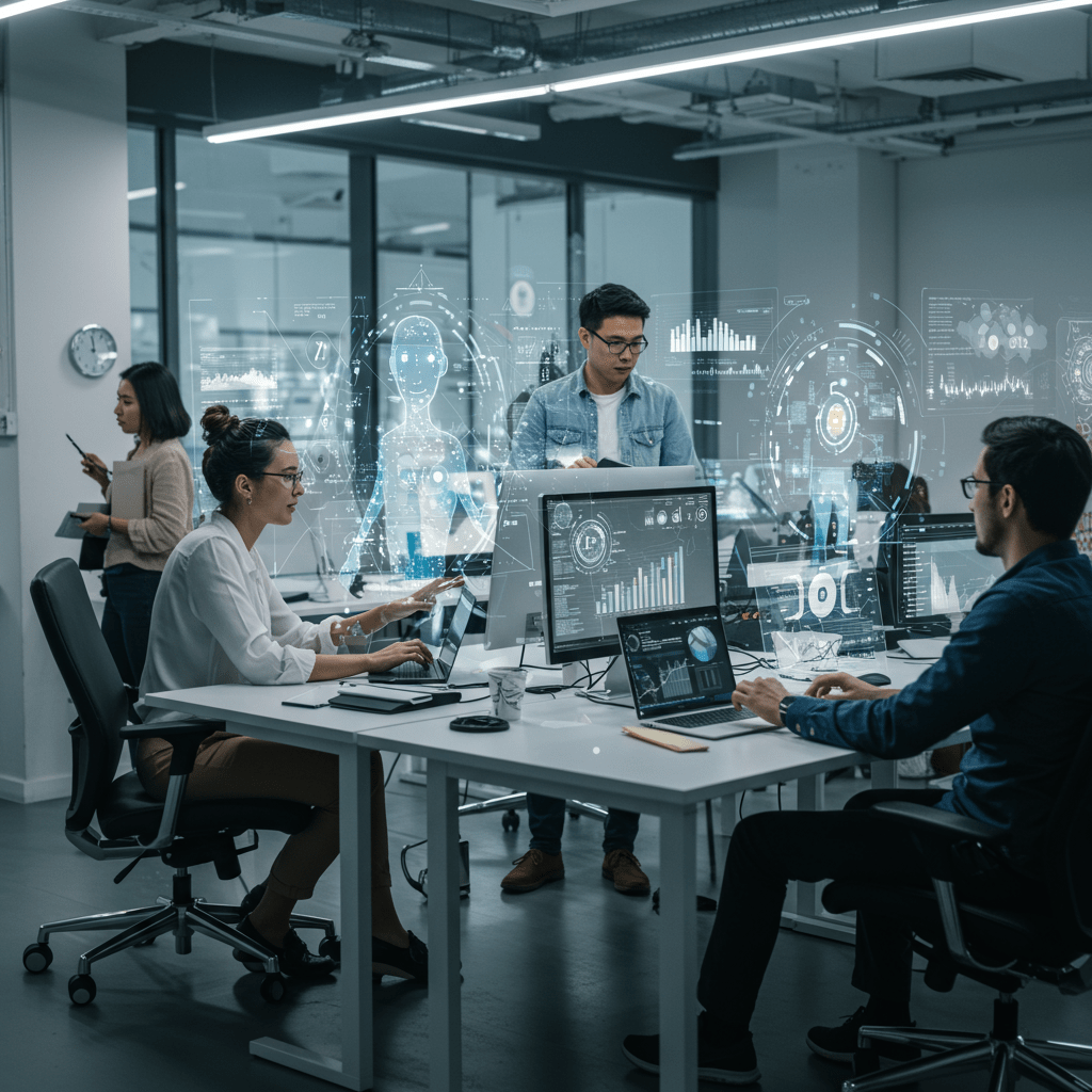 A futuristic office environment with a diverse startup team collaborating with AI technology and a fractional CTO guiding innovation, symbolising synergy between AI automation and strategic tech leadership.